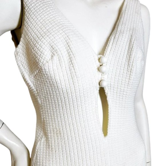 1970s Vintage White Knit One Piece Swimsuit With Deep Plunging Open Front Unworn - Picture 4 of 12
